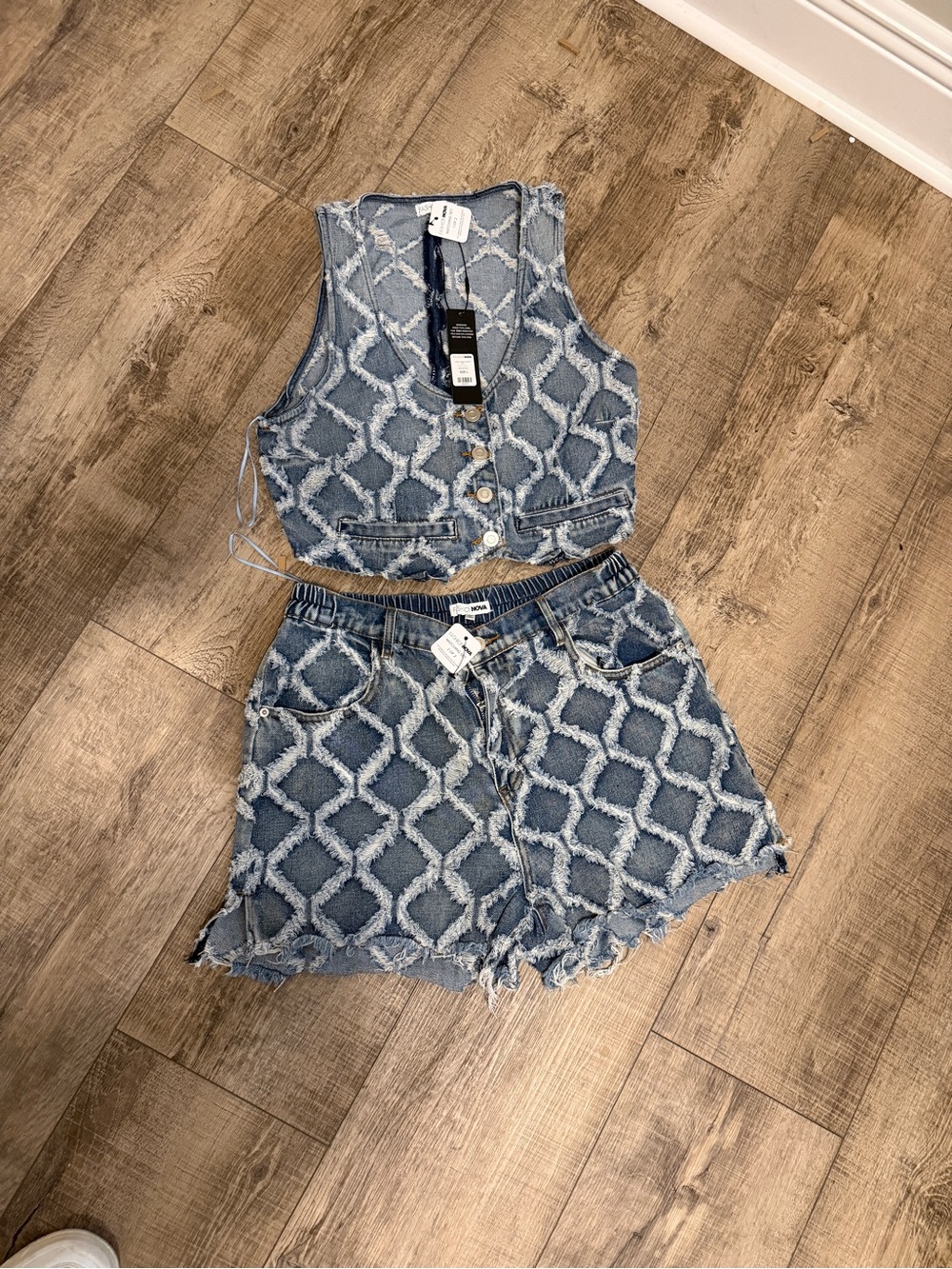 Blue Patterned Denim Shorts and Top Set - Women's Distressed High-Rise